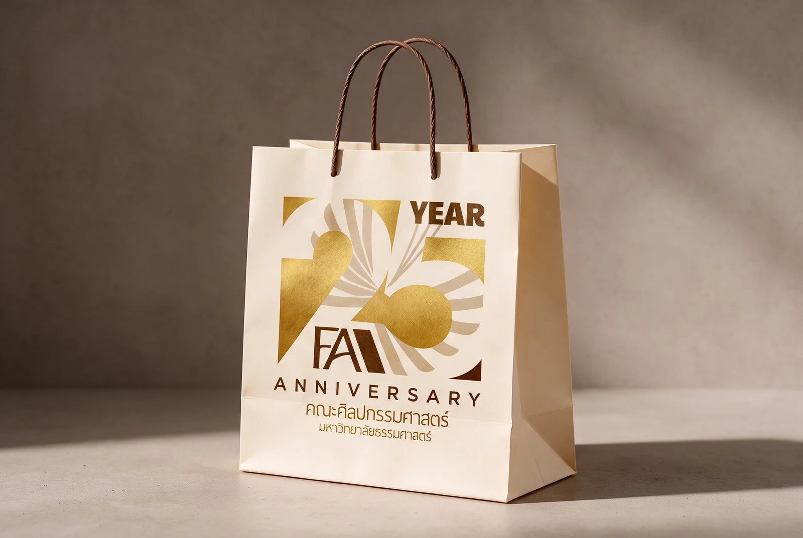 Paper carrier — the mark at the top of the panel, the fan field held to the lower third so the bag still reads when it is full.