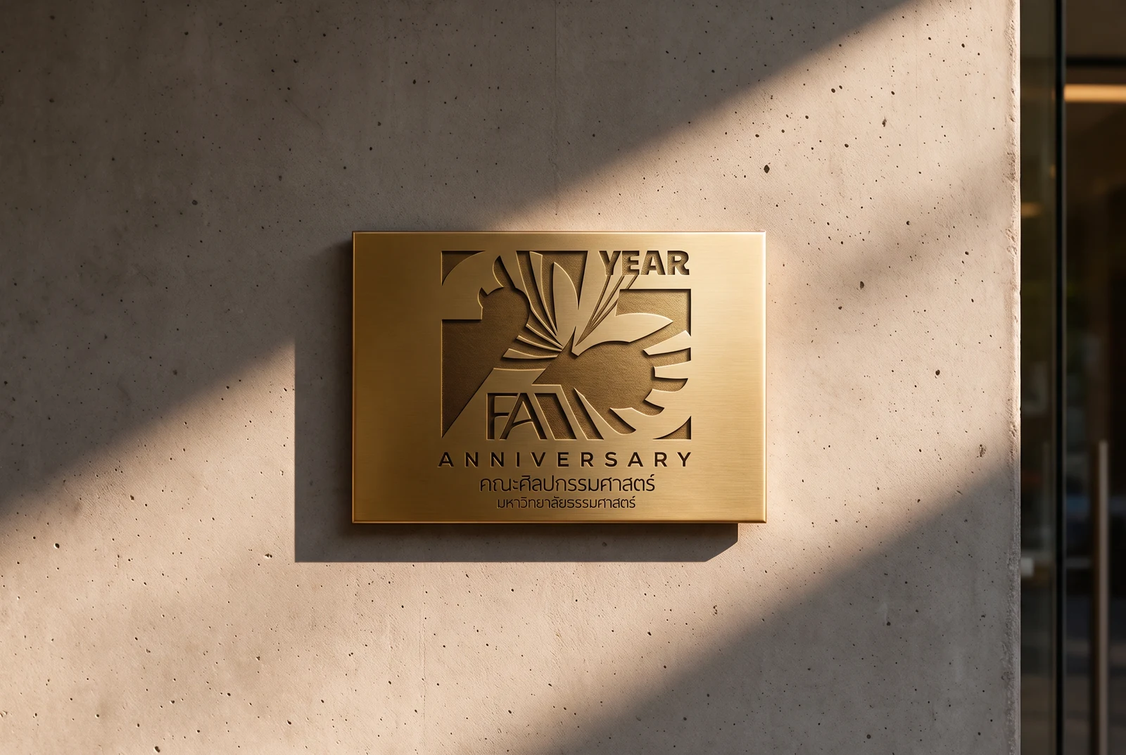 Brushed-brass plaque — the one place the metallic is real rather than drawn, which is the rule the manual sets for it.