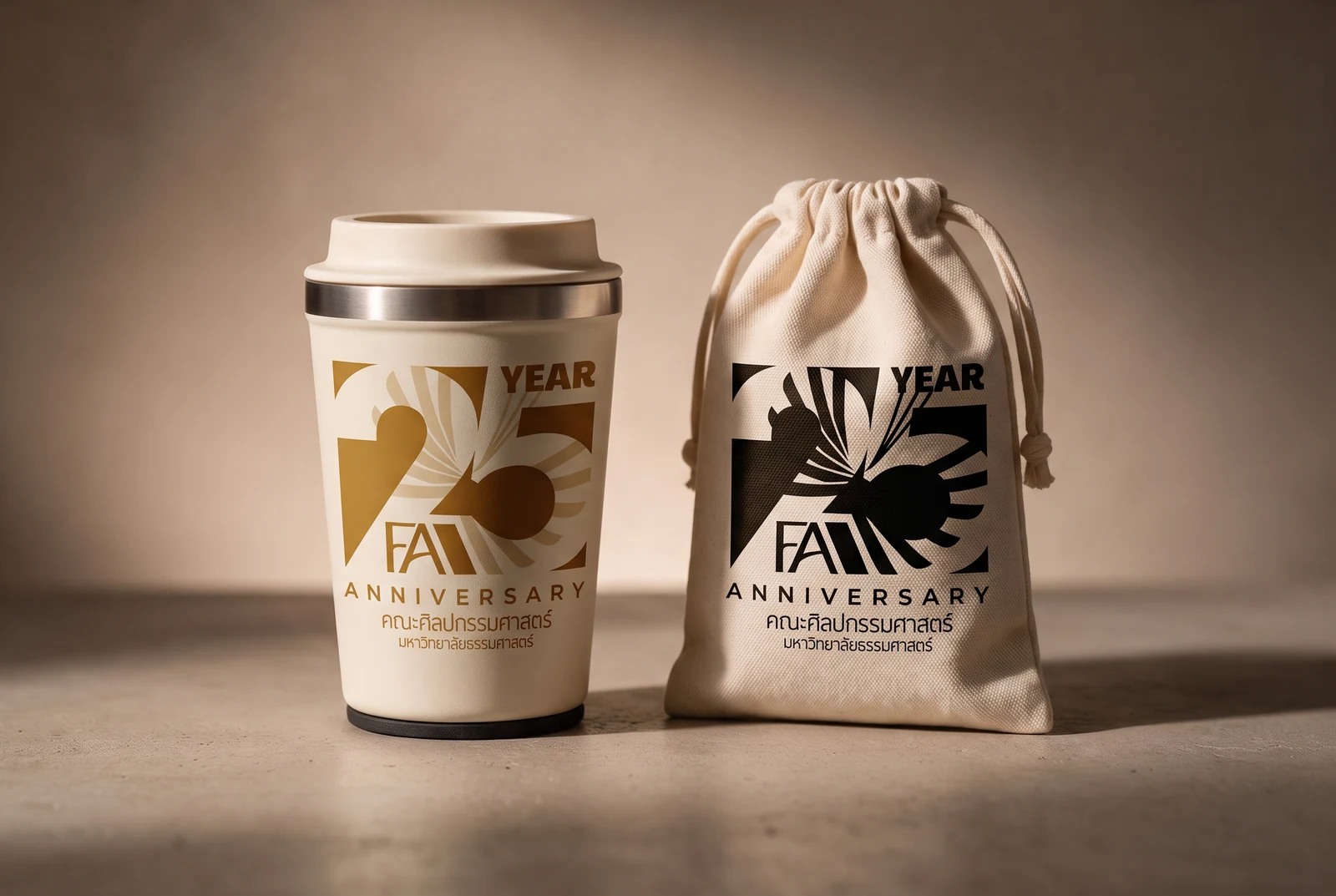 Tumbler and cotton pouch — gold on cream, mono black on natural, the two cuts doing the work the grounds ask for.