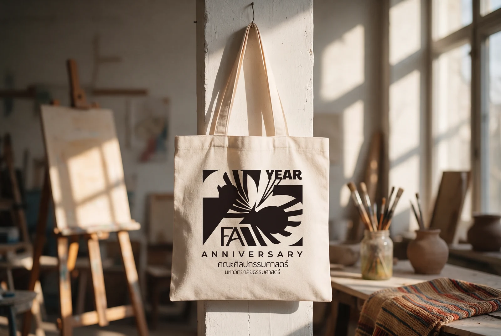 Cotton tote — mono black on natural canvas, the cut the manual specifies for one-colour printing on cloth.